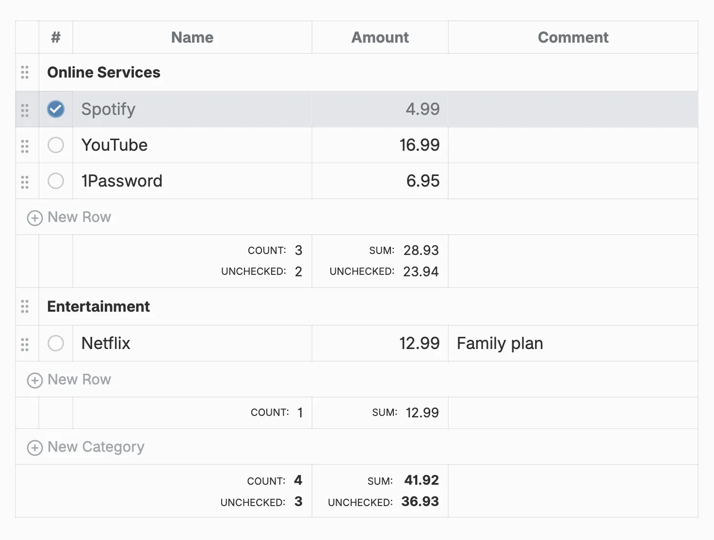A budget table in Obsidian with Online Services and Entertainment categories, checkboxes for paid items, and per-category and total sums